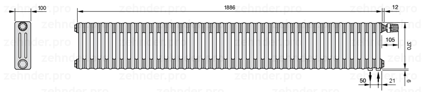 Схема (чертеж) Радиатор Zehnder Charleston 3037/41 №V002 Белый глянцевый RAL 9016